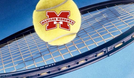 Tennis ball with Madison Mohawks logo hitting racket