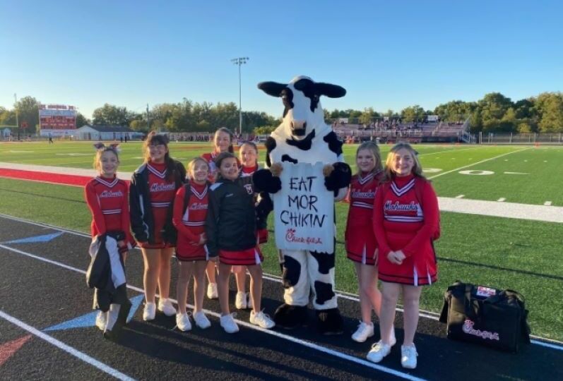 Cheerleaders with Chick-Fil-A mascot
